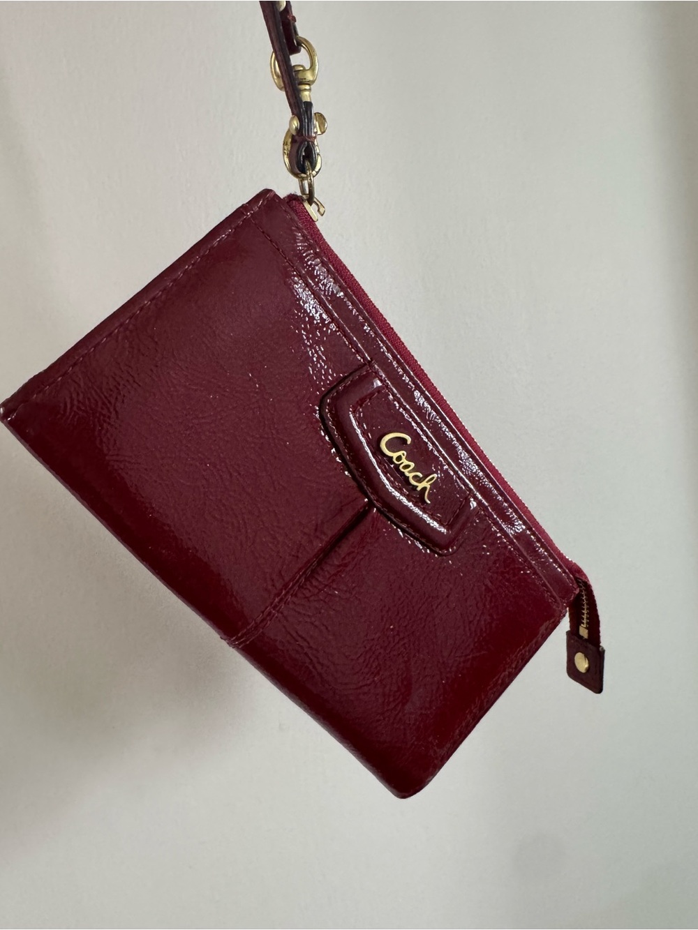 Coach Glossy Patent Wristlet in Deep Burgundy